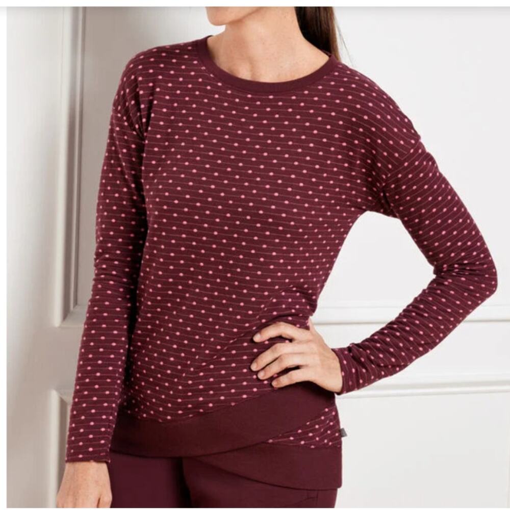 NEW Talbots XL Petite Burgundy Jacquard Wrap Hem Pullover Dotted Top Casual